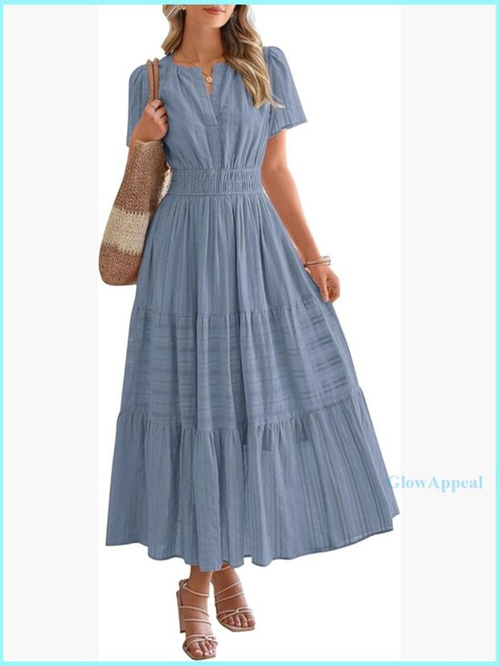 Dresses & Skirts - Lightweight Cotton Maxi Dress with Pockets, Elastic Waist, V-Neck, Short Sleeve